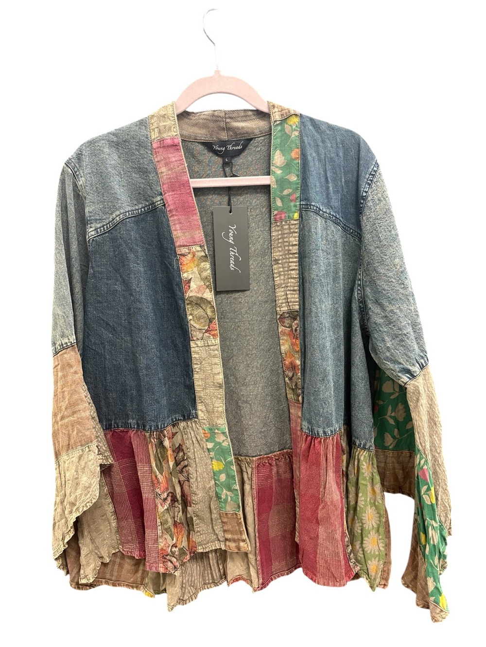 Young Threads  Patchwork Denim & Floral Open Front Blouse - Multicolor